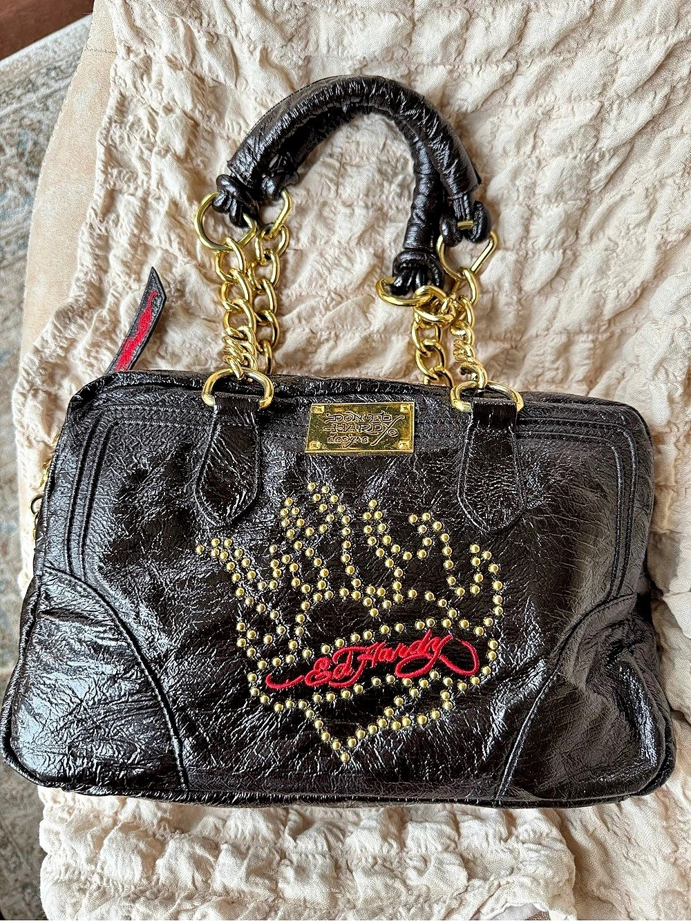 Ed Hardy Dark Brown Shoulder Bag With Gold-Tone Chain includes mini pouch - Y2K